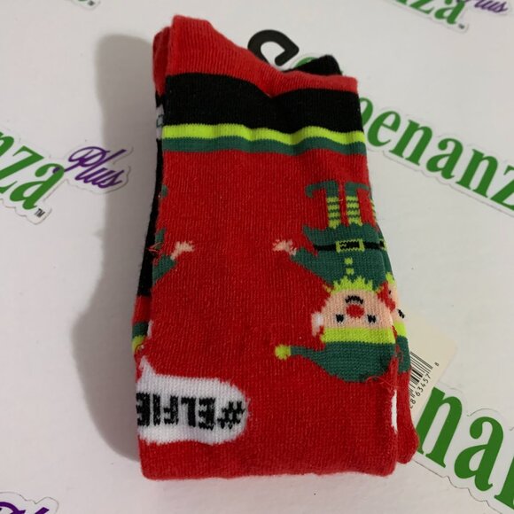 Ugly Christmas Socks Merry Brite Knee High Santa Elf Red Black Shoe Size 4-10 - Picture 2 of 2